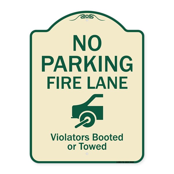 Signmission Designer Series-No Parking Fire Lane With Graphic Violators Booted Or Towed, 24" x 18", TG-1824-9962 A-DES-TG-1824-9962 - main